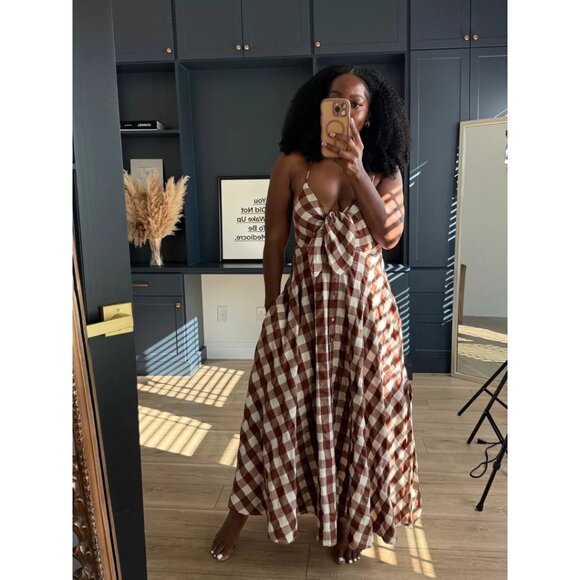 FREE PEOPLE Via Midi Dress in Brown Combo Everly Size Large - Picture 12 of 16